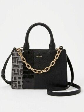 Anne Klein Black Textured Satchel with Gold Chain Accent And Long Strap